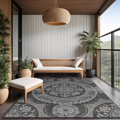 Medallion Outdoor Rug 8x10 Washable Outside Carpet for Indoor Patio Porch Waterproof Easy Cleaning Non Shedding Area Rugs Dark Gray 8 x 10