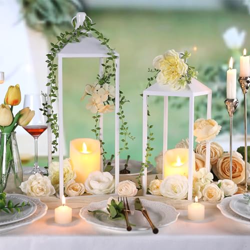 White Decorative Lantern Decor 17" 13" Set of 2 Wedding Lantern with Candle (2 Count)