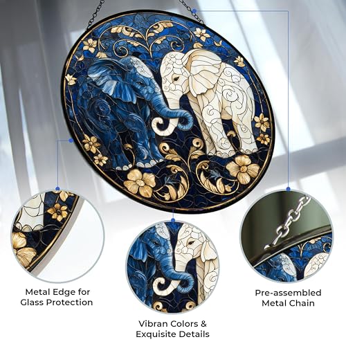 Customized Gentle Elephants Art Nouveau Stained Glass Window Hanging
