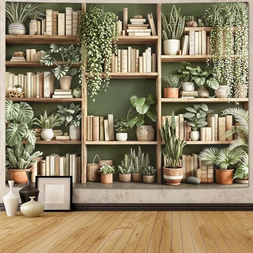 Green Plant Bookshelf Tapestry Botanical Bookshelf Tapestries Wall Hanging Modern Potted Plants Bookshelf Backdrop Extra Large Tapestry for Bedroom Living Room Dorm 90 x 68 inch