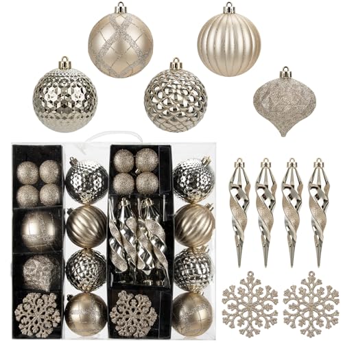 50PCS Christmas Tree Ornaments Set with Shatterproof Balls Icicle Snowflake Hanging Ornaments for Home Office Farmhouse Christmas Decorations (50 Count)