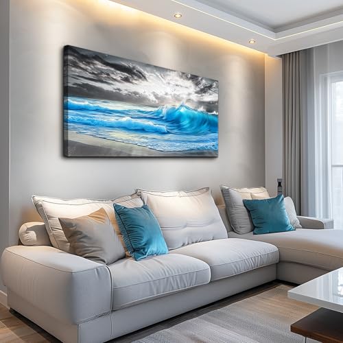Beach Canvas Wall Art Blue Sea Wave Ocean Painting 20x40 In