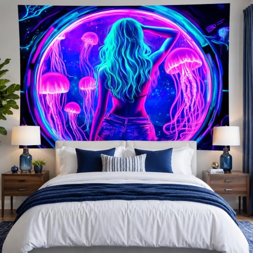 Sexy Woman Jellyfish Tapestry Blacklight Tapestry 59x78 Inch
