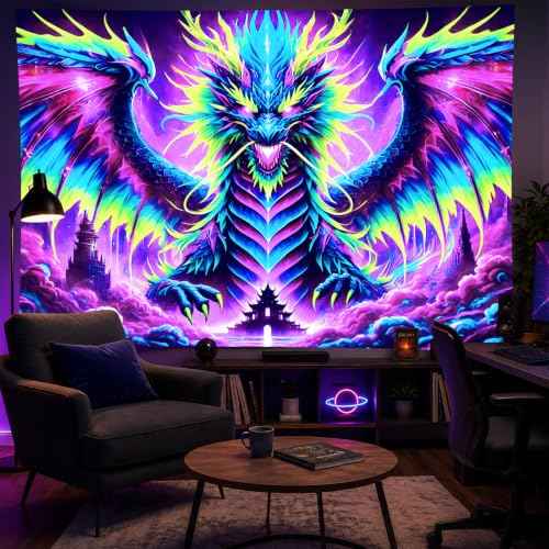 Blacklight Tapestry Fire Dragon Neon Decor 78 x 59 Inch