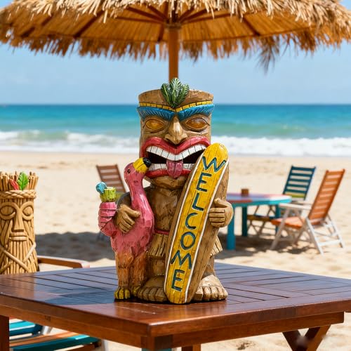 Solar Tiki Garden Statue Outdoor Decor with Flamingo Waterproof Welcome Sign for Tiki Bar