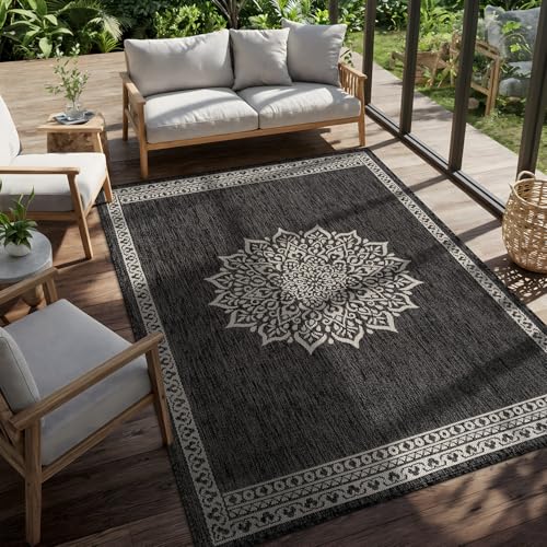 Outdoor Rug 6x9 Medallion Darkgray Modern Area Rugs for Indoor and Outdoor Patios Kitchen and Hallway Mats Washable Porch Deck Outside Carpet (60 Sq Ft)