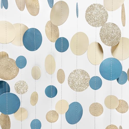 Champagne Gold Dusty Blue Beige Circle Dot Garland Hanging Paper Polka Dot Streamer for Men Birthday Wedding Bridal Shower Retirement Engagement Bachelorette Party Decorations Supplies
