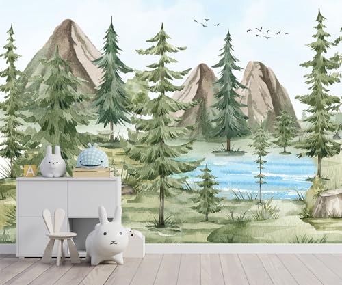 Watercolor Green Pine Mural Cartoon Forest Fabric Wallpaper Children's Room 180" x 115"