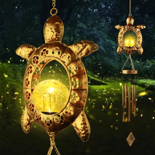 Sea Turtle Solar Lights Outdoor Decor Crackle Glass Ball Solar Turtle Wind Chimes for Outside Unique Gifts for Women Birthday Gardening Gift Housewarming Ornament for Patio Yard Garden Decor