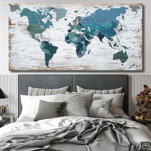 Teal Decor map of the world Canvas Wall Art Pictures for Living Room Decoration Blue Wall Decor Office World Map Art Picture Framed Artwork for Home Bedroom Decoration 40"x79"