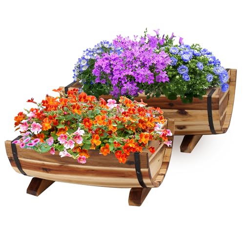 Solid Acacia Wood Half Barrel Planters Outdoor Set of 2 Different Sizes (2 Count)