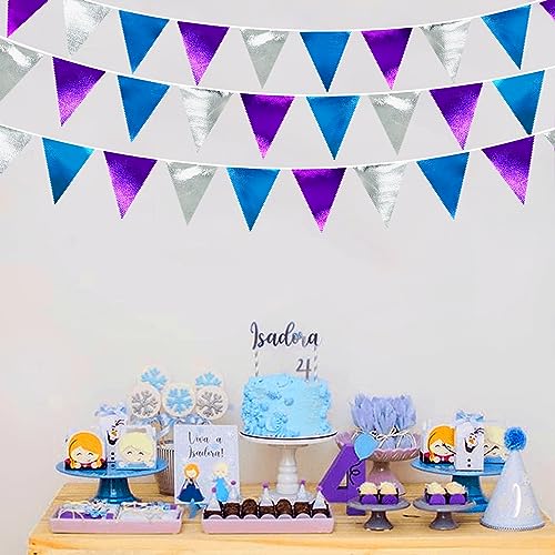 Frozen Party Decoration Purple Blue Silver Metallic Fabric Triangle Pennant Banner Flag Bunting Garland for Frozen Winter Wonderland Christmas Birthday Wedding Baby Shower Bridal Shower Party Supplies (32 Foot)