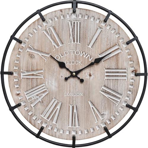 12 Inch Farmhouse Wall Clock Rustic Antique Wood with Metal Circle and Large Engraved Numerals