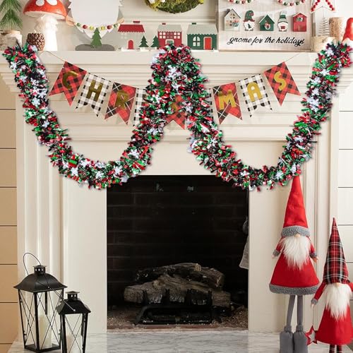 50 Feet Green Red Christmas Metallic Tinsel Twist Hanging Garland with Snowflake for Home Mantle Xmas Tree Staircase Railing New Year Holiday Party Indoor Outdoor Decorations (50 Foot)