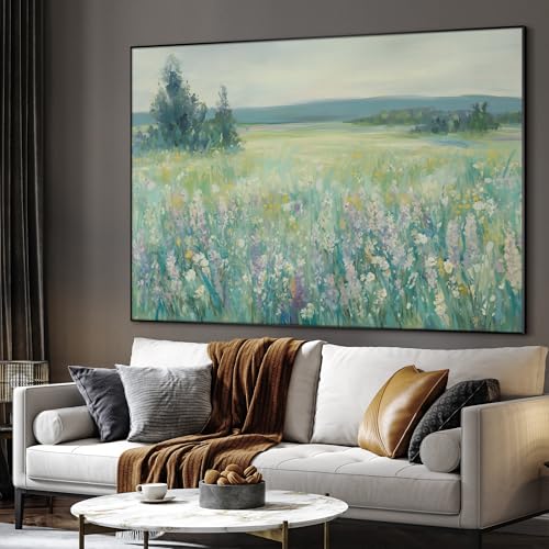 60"x72" Extra Large Framed Wall Art Wildflower Meadow Landscape Soft Pastel Nature Illustration for Home Living Room Bedroom Decor