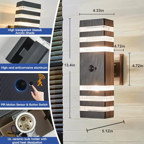 2 Pack Motion Sensor Outdoor Wall Light Fixture Up Down Porch Lights Modern Dusk to Dawn Exterior Sconce Light Wall Mount Outside Coach Lantern for House Front Door Garage (2 Count)