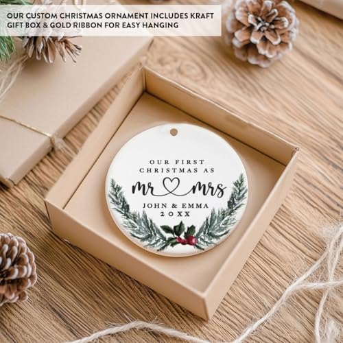 Personalized Our First Christmas As Mr. & Mrs. Christmas Ornaments Holly & Pine Wreath 2.8" Round Porcelain Ceramic Custom 1St Year Married Christmas Ornament 2026 for Newlyweds 1
