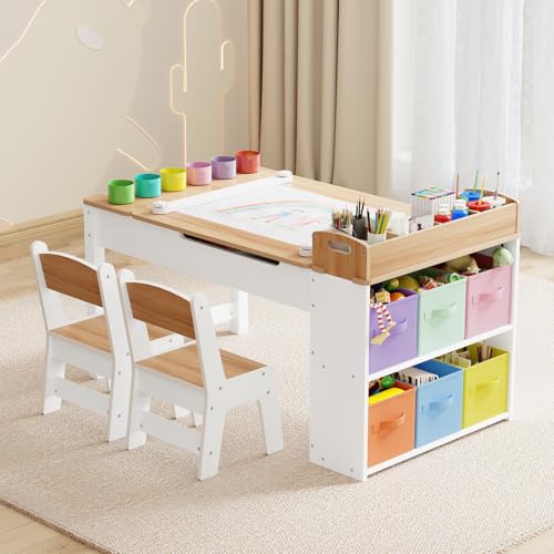 Kids Art Table and Chair Set with 2 Chair & Bins
