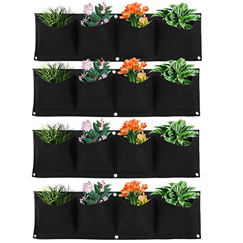 4Pcs 4 Pocket Felt Vertical Wall Garden Planter Plant Grow Bag Reusable Wall Mounted Planting Growing Bag for Flower Vegetable (4 Count)