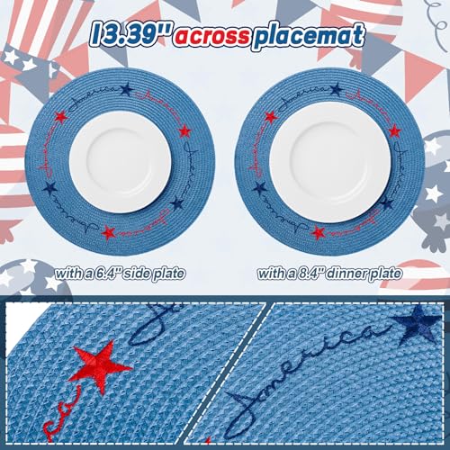 4Pcs Round Patriotic Placemats Stars Embroidered Place Mats 4th of July Dinner Table Mats for Independence Day 250th Anniversary Home Birthday Party Decor (4 Count)