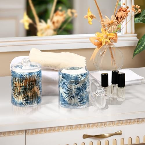 2 Pack Qtip Holder Organizer Dispenser Blue Tropical Leaves Bathroom Storage Canister Cotton Ball Holder Container for Cotton Pads (2 Count)