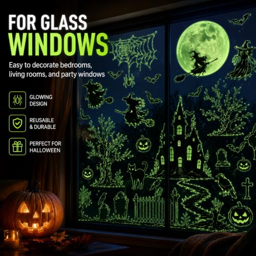 Glow in the Dark Halloween Window Stickers Luminous Ghost Pumpkin Black Cat Spider Bat Candy Moon Window Decals for Halloween Party Supplies Home Glass Decorations