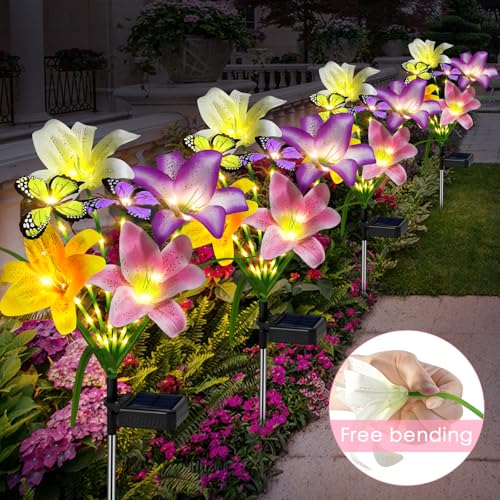 Solar Garden Lights Outdoor 4 Pack Lily Lights with Butterflies (4 Count)