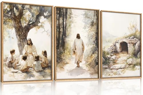 Large Jesus Teaching Children on Path Framed Canvas Wall Art (3 Count)