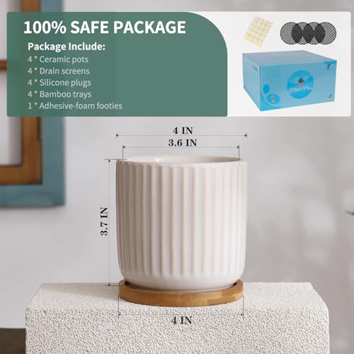 4 Inch Ceramic Plant Pots with Drainage Holes (4 Count)