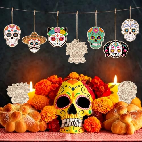36PCS Wooden Day of The Dead Skull Ornaments to Paint Dia De Los Muertos Decorations Crafts for Kids