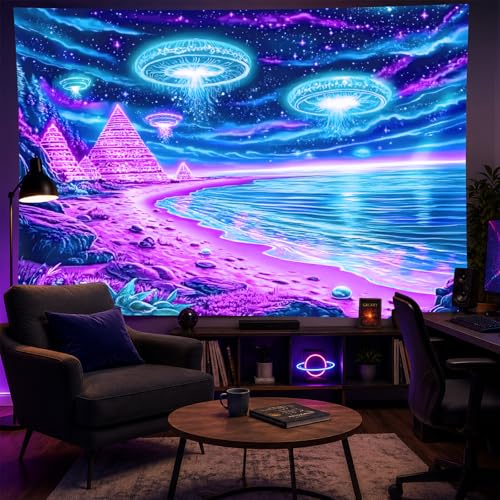 Blacklight Tapestry Alien UFO Room Decor 78 x 59 Inch