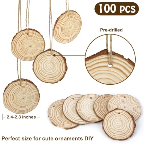 2.4 2.8IN Natural Wood Slices with Jute Twine for DIY Ornaments (100 Count)