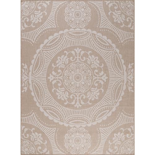 Medallion Outdoor Rug 6x9 Washable Outside Carpet for Indoor Patio Porch Waterproof Easy Cleaning Non Shedding Area Rugs Beige 6 x 9