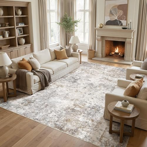 10x13 Area Rug Living Room Rugs Washable Neutral Brown Grey Carpet (130 Sq Ft)
