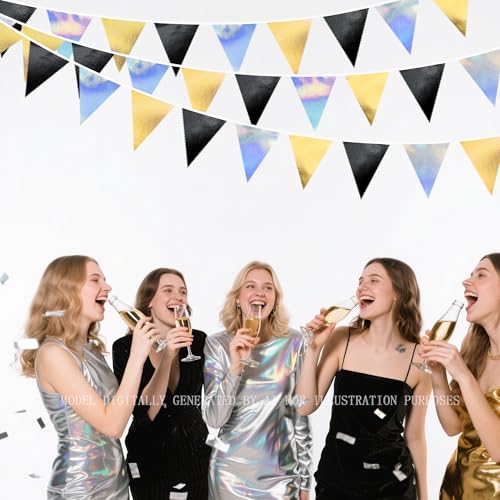 Black Gold Iridescent Party Decorations Triangle Pennant Banner Flag Metallic Fabric Bunting for Birthday Graduation Retirement Wedding Bridal Shower Engagement Bachelorette Disco Party Supplies (32 Foot)