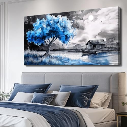 Large Wall Art For Living Room Blue Wall Decor For Bedroom Black White And Blue Trees Wall Pictures Restaurant Office Frame Printing Canvas Large Artwork Modern Home Decoration 30x60 in
