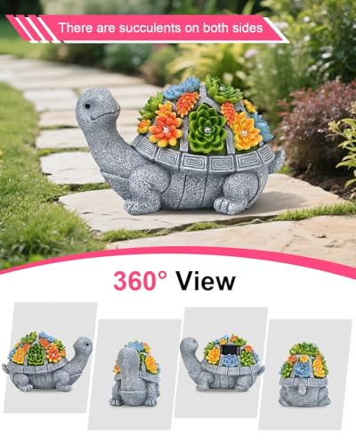 Solar Turtle Statue Garden Decor for Outside with Succulents & 7 LED Lights
