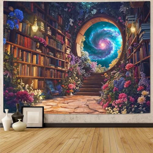 Floral Bookshelf Tapestry Fantasy Library Tapestries Wall Hanging Vintage Plant Flower Book Large Tapestry for Bedroom Living Room Dorm 80 x 60 inch