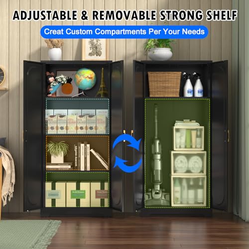 60" Black Metal Kitchen Pantry Storage Cabinet with Doors and Shelves