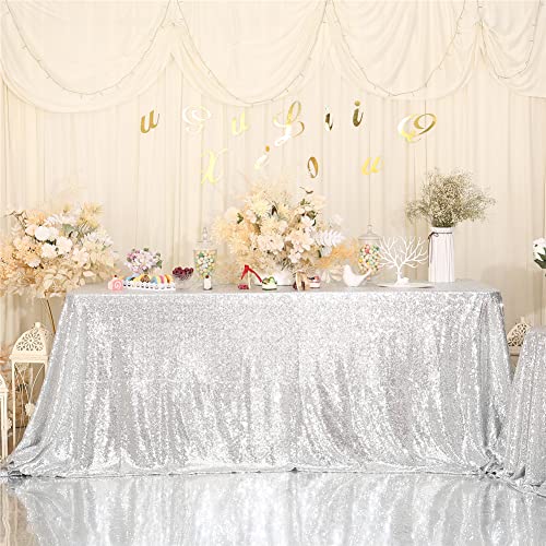 Sequin Tablecloth 90x156 Inch Silver for Disco Wedding Party
