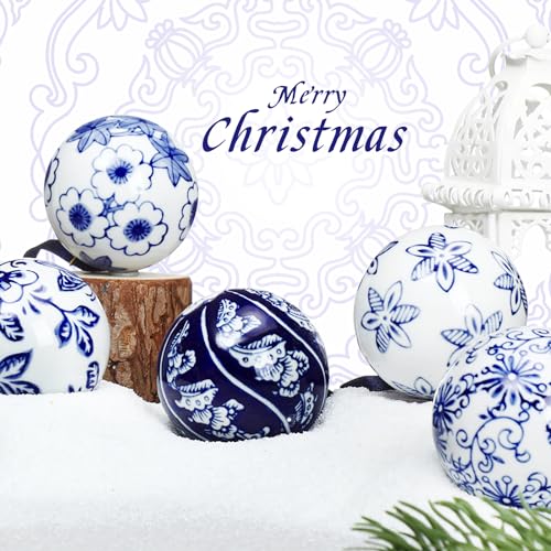6 Pcs Blue and White Christmas Porcelain Balls