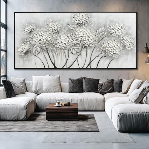 Grey and White Hand Painted Wall Art Flower Canvas Artwork Contemporary Oil Paintings 40"x86" Decorations for Bedroom Office