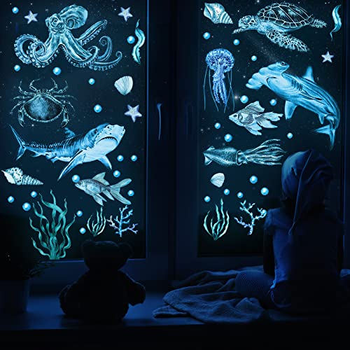 4 Pieces Glow in The Dark Ocean Wall Decals Under The Sea Wall Decals Fish Stickers PVC Sea Animals Stickers for Room Living Room Nursery Bathroom Decoration