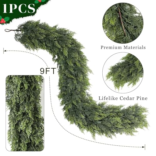 9FT 1Pcs Lifelike Touch Artificial Christmas Cedar Garland for Mantle Decor