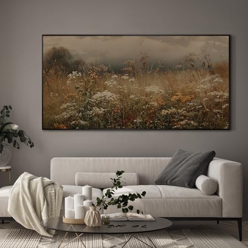 24"x46" Extra Large Framed Wall Art Autumn Meadow Landscape Rustic Brown and Golden Field with Wildflowers Country Illustration for Home Living Room Bedroom Decor