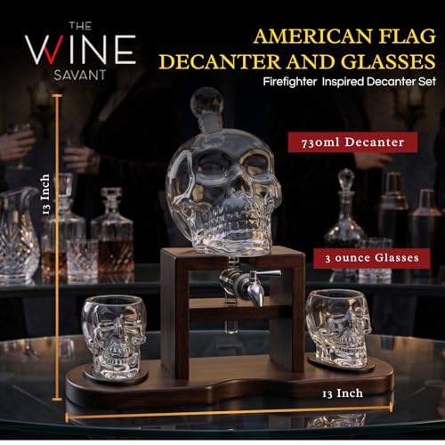 Skull Skeleton Wine & Whiskey Decanter Set 750mL with 2 Skull Shot Glasses 3oz (4 Count)