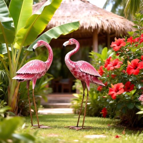 2 Pack Metal Pink Flamingo Statue for Outdoor Garden Yard Decor (2 Count)