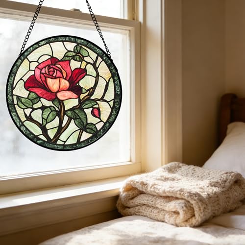 Stained Glass Window Hanging Red Rose Suncatcher Gifts for Women 6.3"