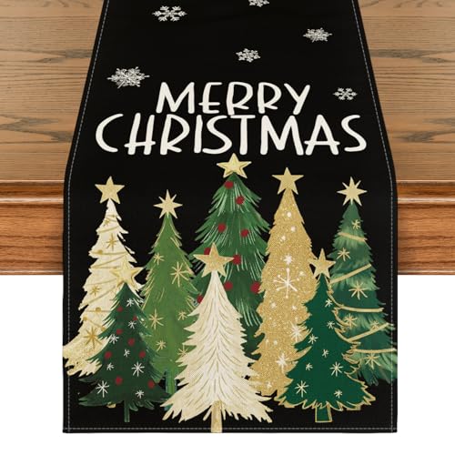 Xmas Trees Snowflakes Black Merry Christmas Table Runner