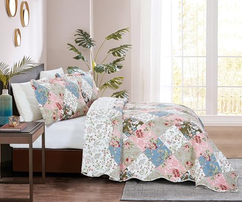 Peach & Olive Flowers Patchwork Quilt Set